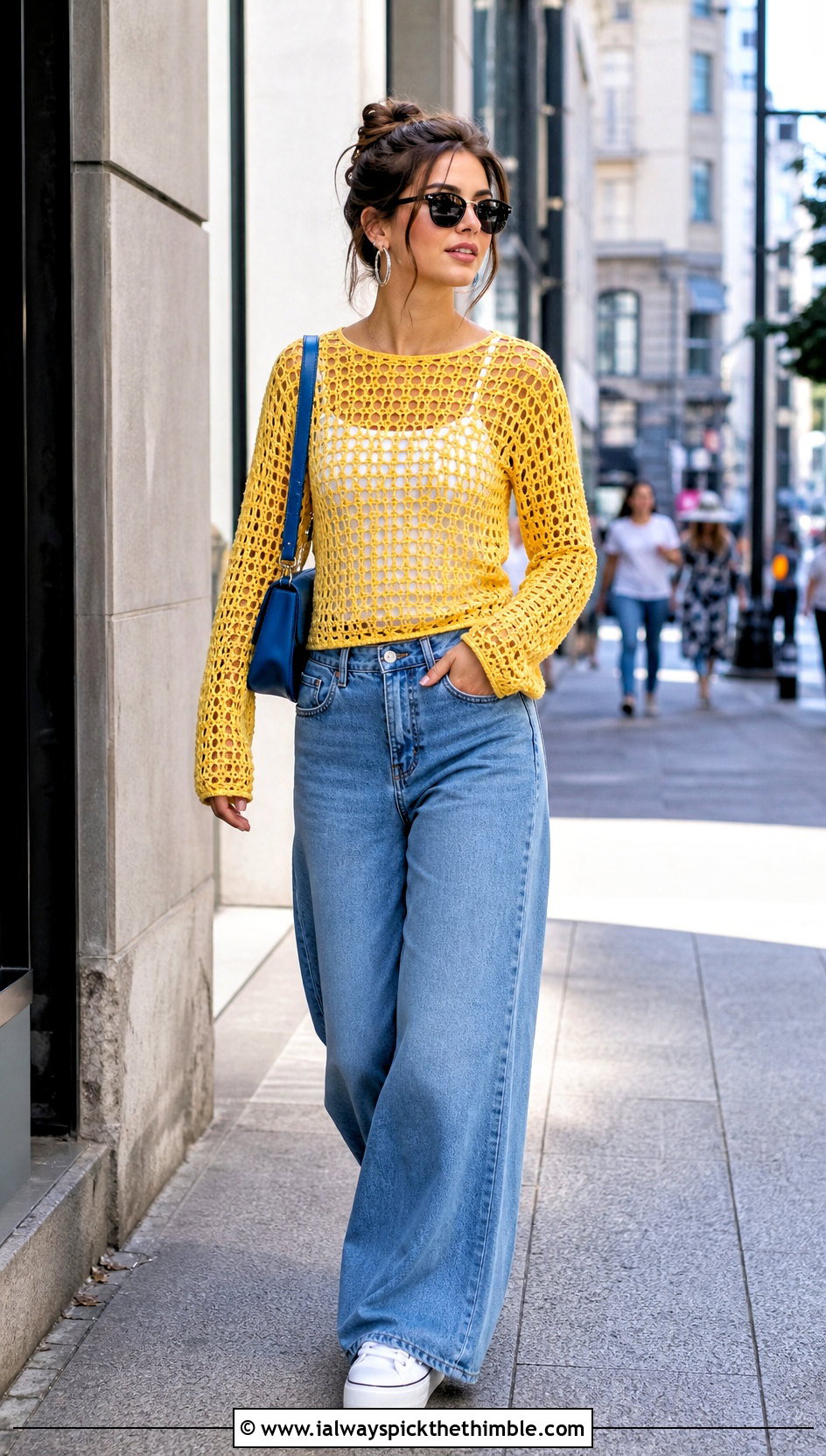 Mesh Crochet Full Sleeve Top With Wide Leg Jeans - 25 crochet full sleeve top outfit ideas