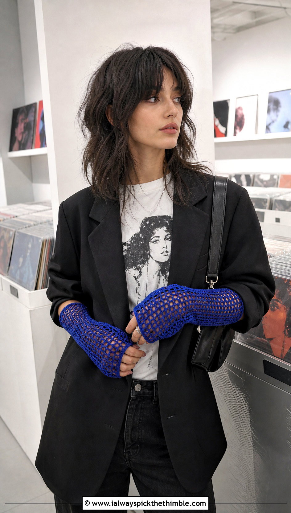 Mesh Crochet Gauntlet Mitts With Graphic Tee - 20 crochet half gloves fingerless mitts outfit ideas
