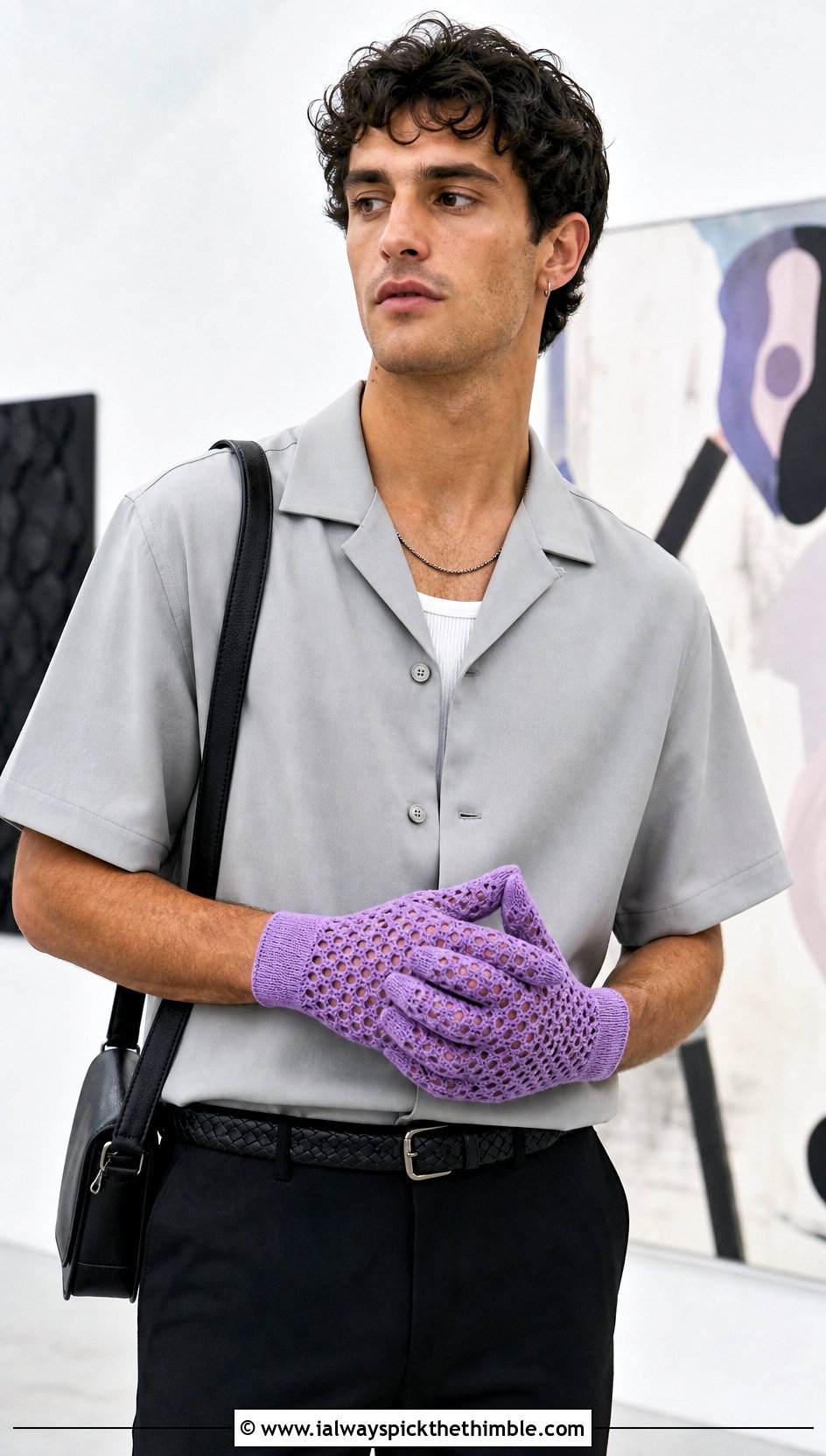 Mesh Crochet Gloves With Camp Collar Shirt - 25 crochet gloves for men outfit ideas