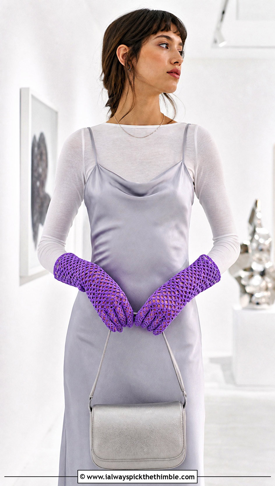 Mesh Crochet Gloves With Slip Dress - 20 crocheted gloves outfit ideas
