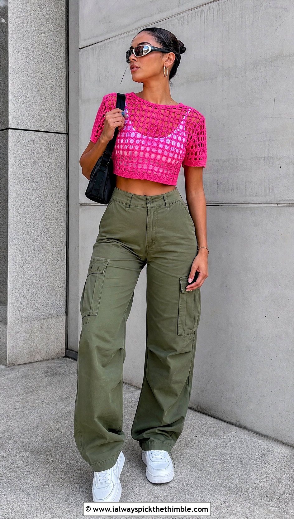 Mesh Crochet Half Top With Cargo Pants - 25 crochet half top outfit ideas