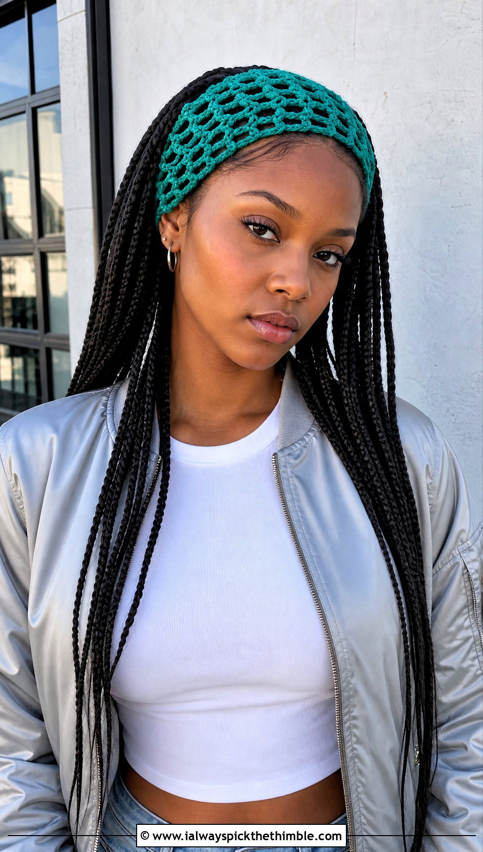 Mesh Crochet Headband With Bomber Jacket And Parachute Pants - 20 crochet hair headband outfit ideas