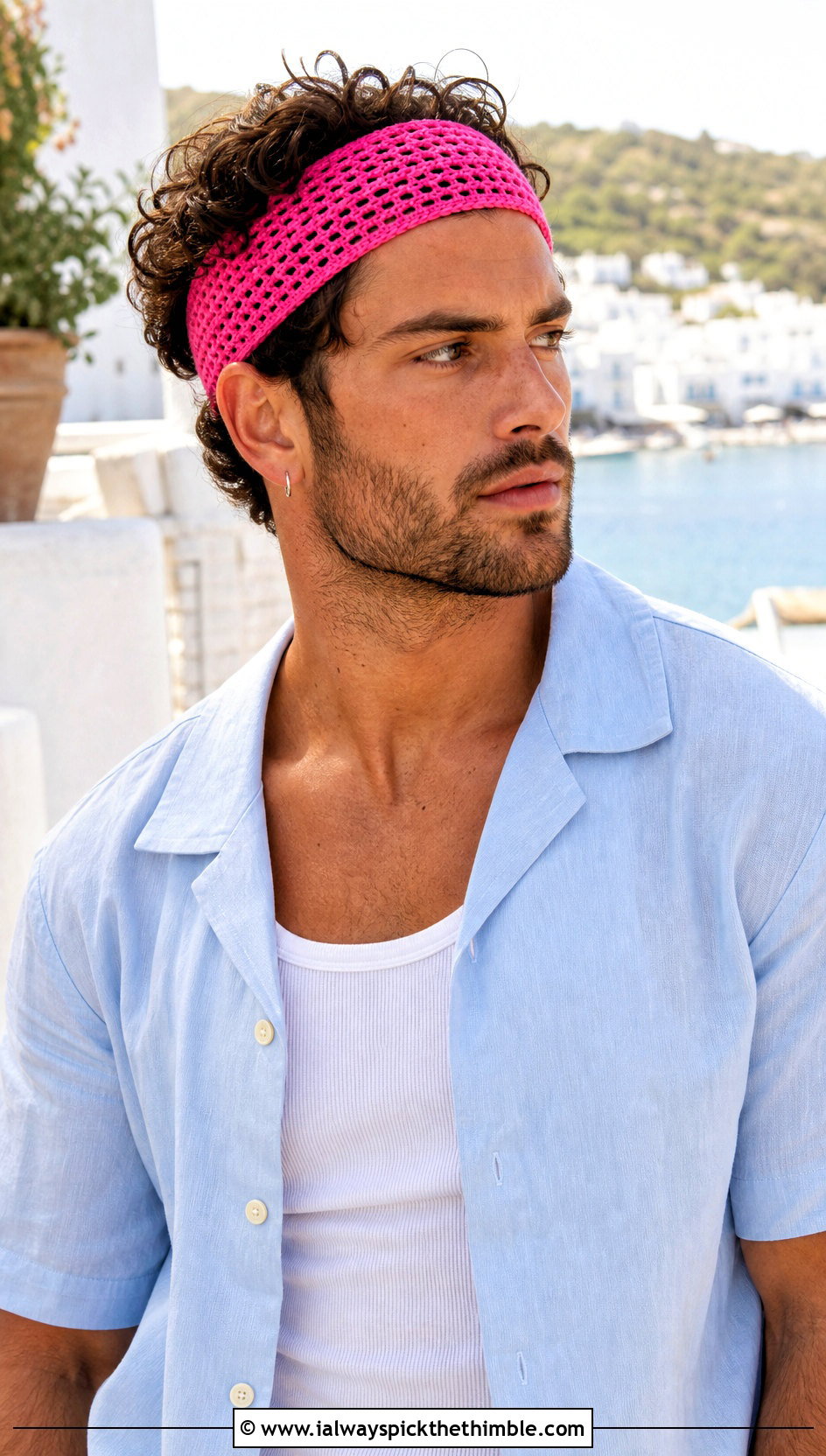 Mesh Crochet Headband With Linen Shirt - 20 men's crochet headband outfit ideas