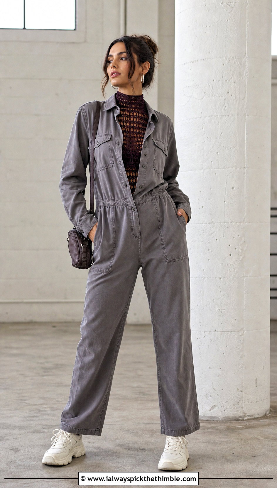 Mesh Crochet High Neck Top With Utility Jumpsuit - 25 crochet high neck top outfit ideas