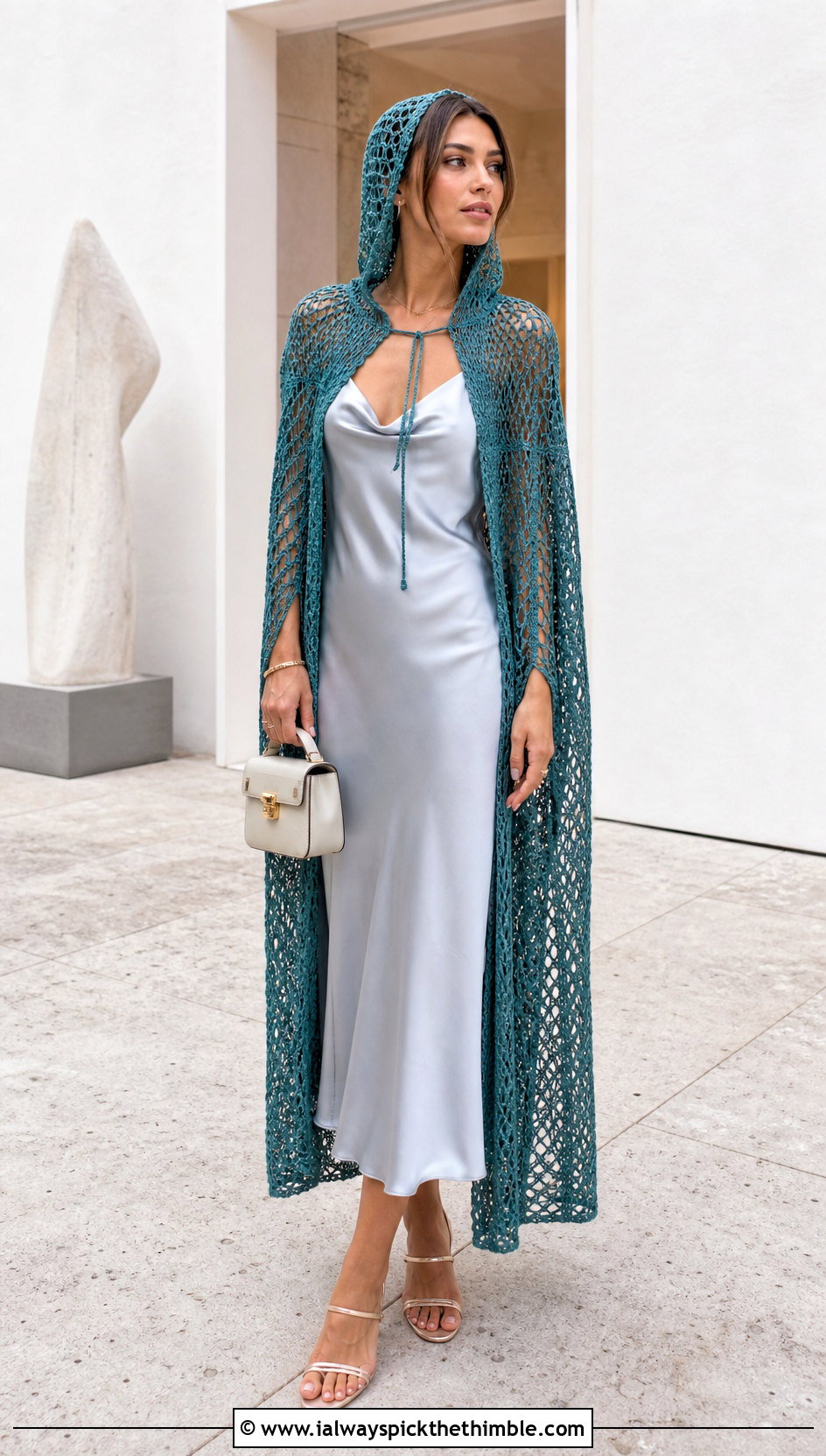 Mesh Crochet Hooded Cape With Slip Dress - 25 crochet hooded cape outfit ideas