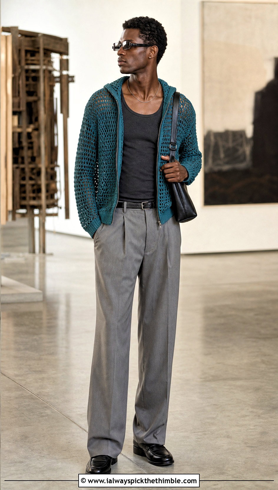 Mesh Crochet Hoodie With Pleated Trousers - 20 Crochet Hoodies For Men outfit ideas