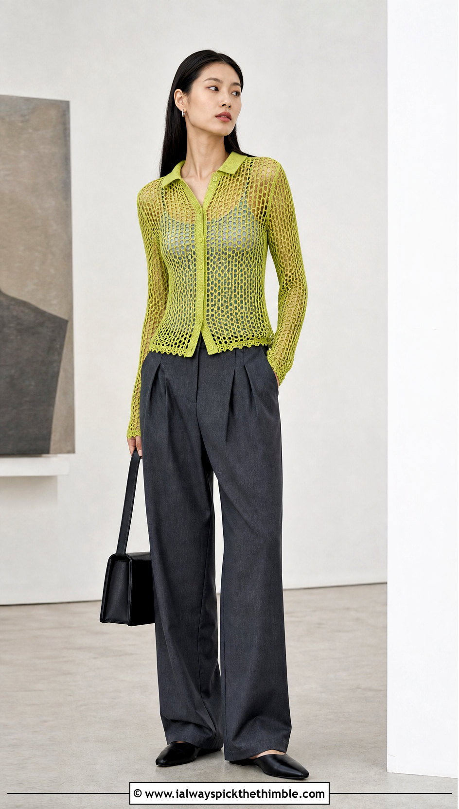 Mesh Crochet Lace Blouse With Pleated Trousers - 25 crochet lace blouse outfit ideas