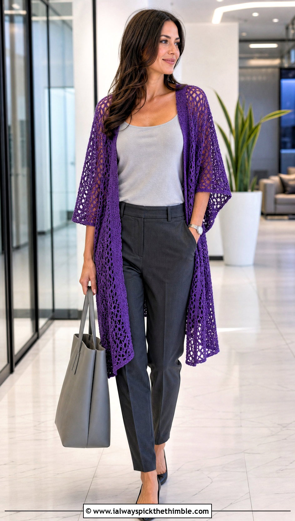 Mesh Crochet Lace Kimono With Tailored Trousers - 20 crochet lace kimono outfit ideas