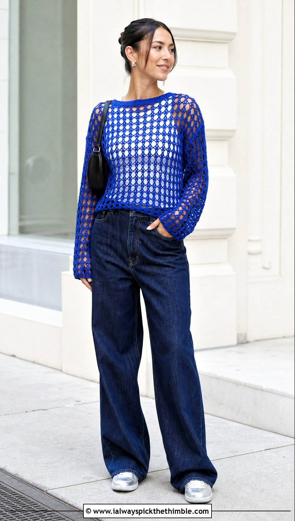 Mesh Crochet Layering Top With Wide Leg Jeans - 25 crochet layering top outfit ideas
