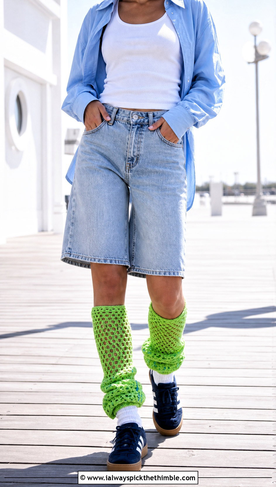 Mesh Crochet Leg Warmers With Denim Bermuda Shorts - 20 aesthetic crochet leg warmers outfit ideas
