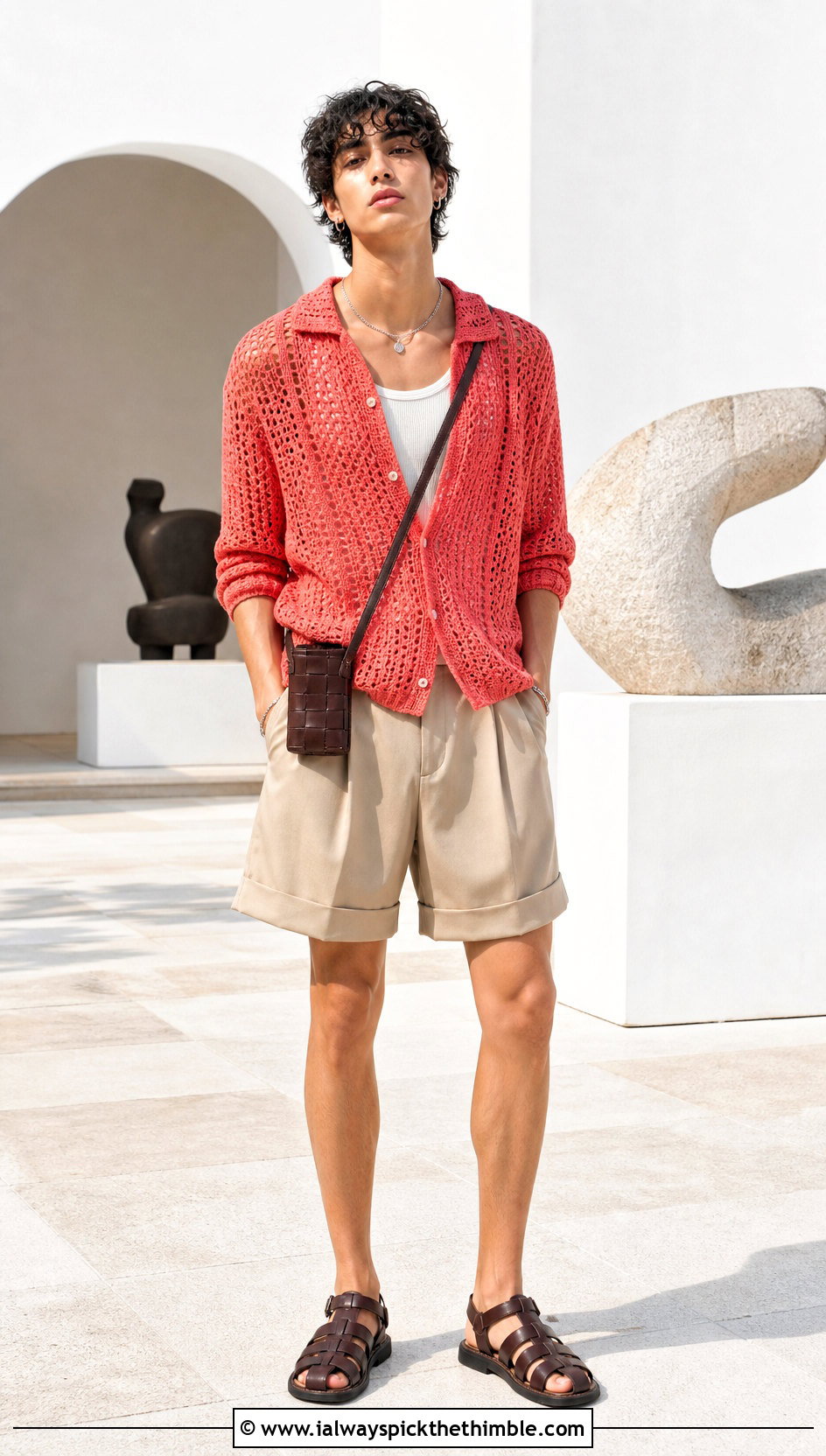 Mesh Crochet Long Sleeve Shirt With Tailored Shorts - 20 Masc Crochet Clothes and outfit ideas