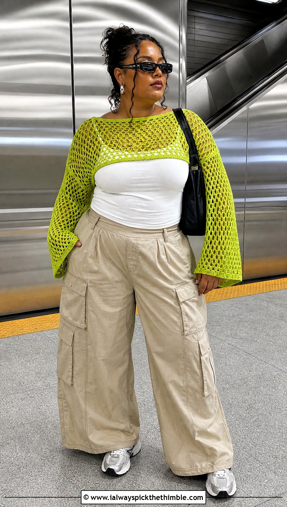 Mesh Crochet Long Sleeve Top With Cargo Pants - 20 crochet top for plus size women outfit ideas