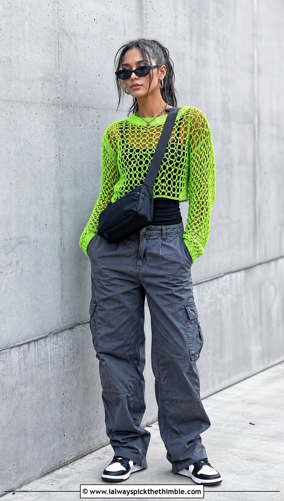 Mesh Crochet Long Sleeve Top With Cargo Pants - 20 diy crochet top outfit ideas
