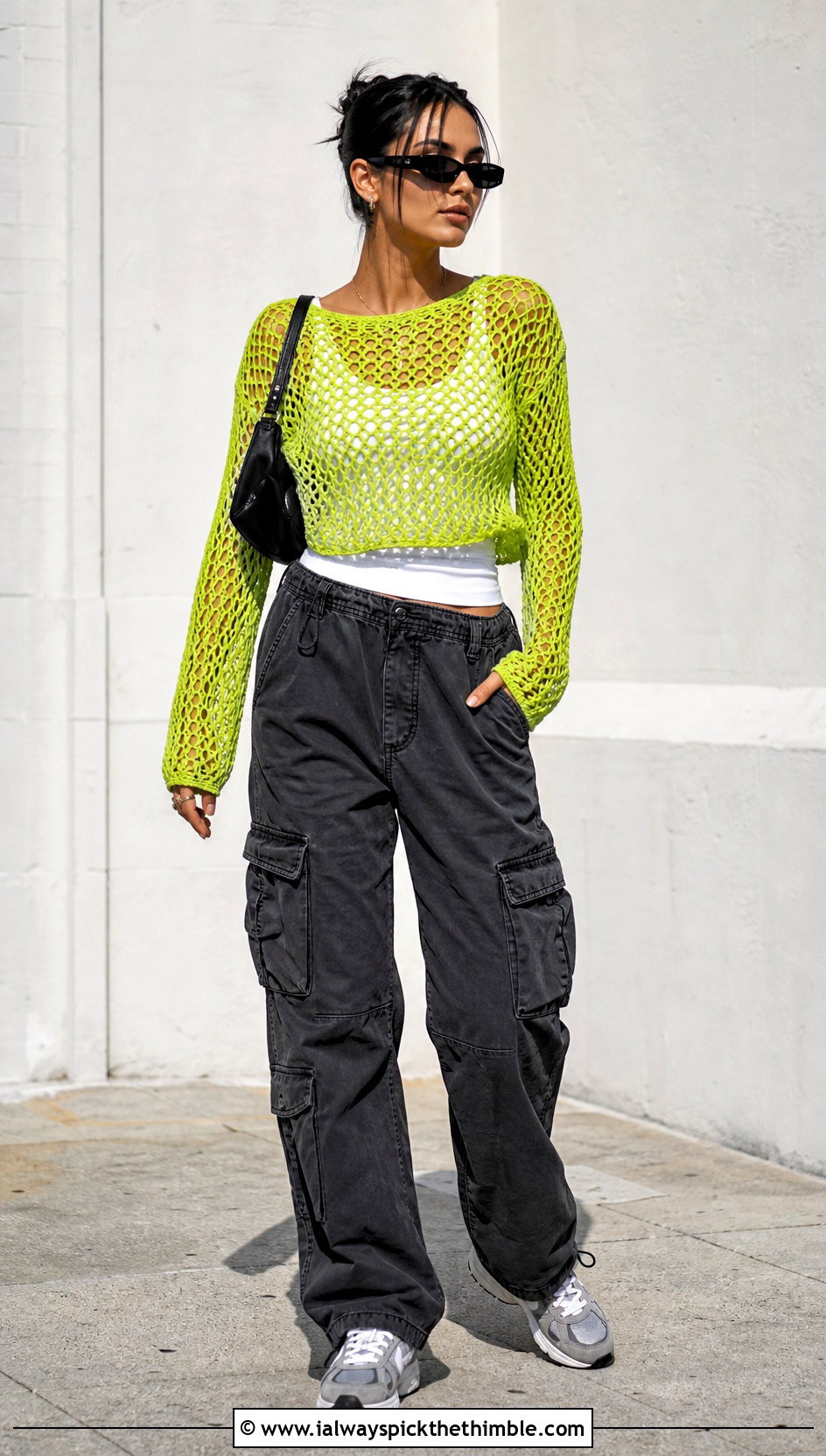 Mesh Crochet Long Sleeve Top With Cargo Pants - 25 boho crochet tops outfit ideas