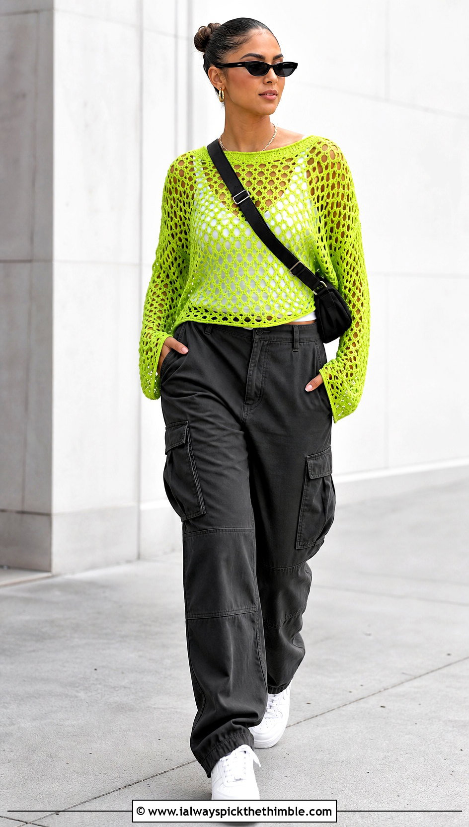 Mesh Crochet Long Sleeve Top With Cargo Pants - 25 crocheted tops outfit ideas