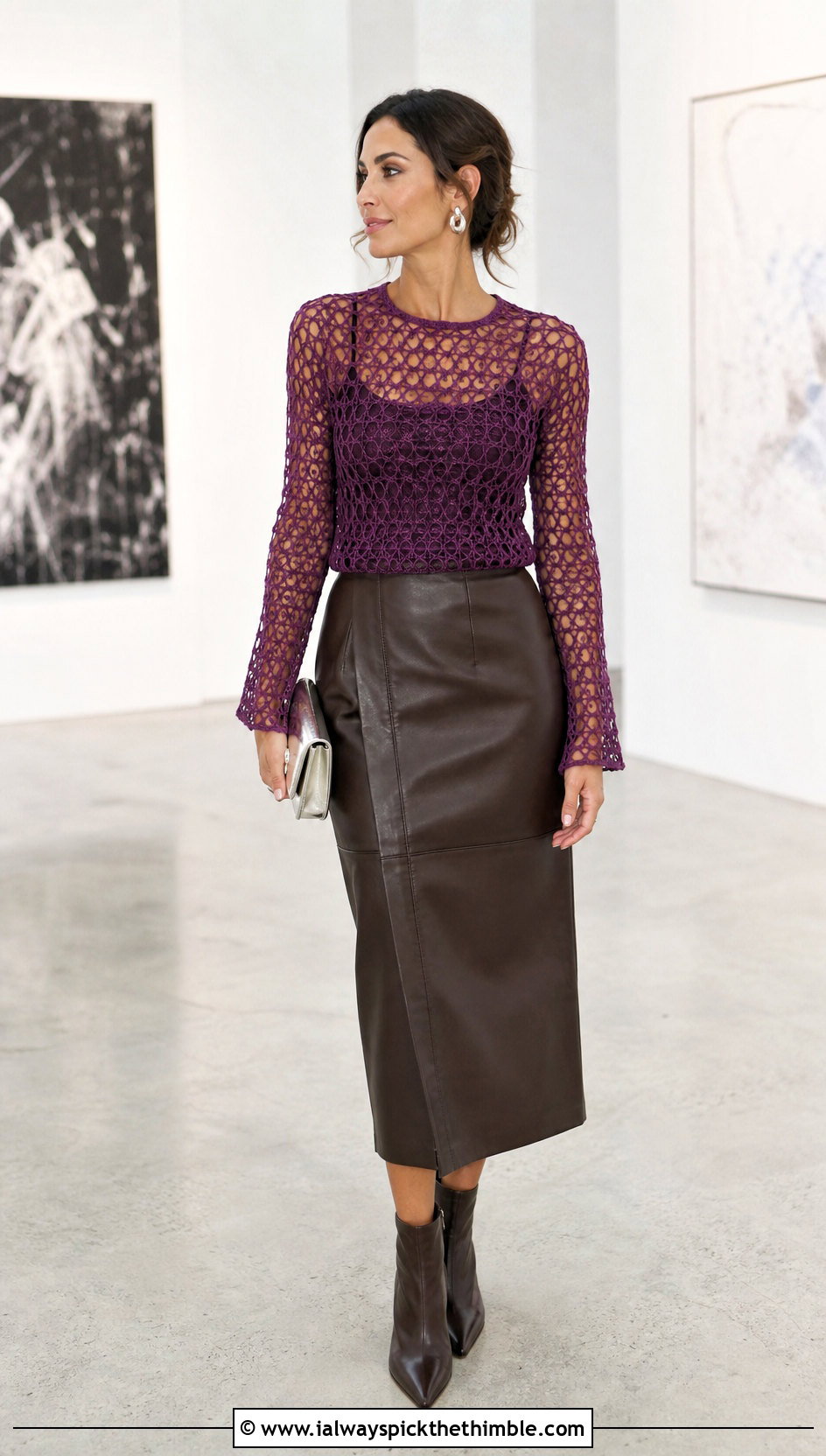 Mesh Crochet Long Sleeve Top With Leather Skirt - 25 two colors crochet top outfit ideas