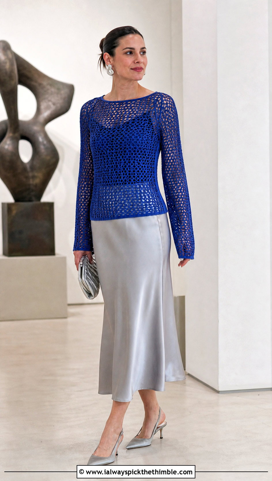 Mesh Crochet Long Sleeve Top With Satin Midi Skirt - 20 Women's Crochet Tops outfit ideas