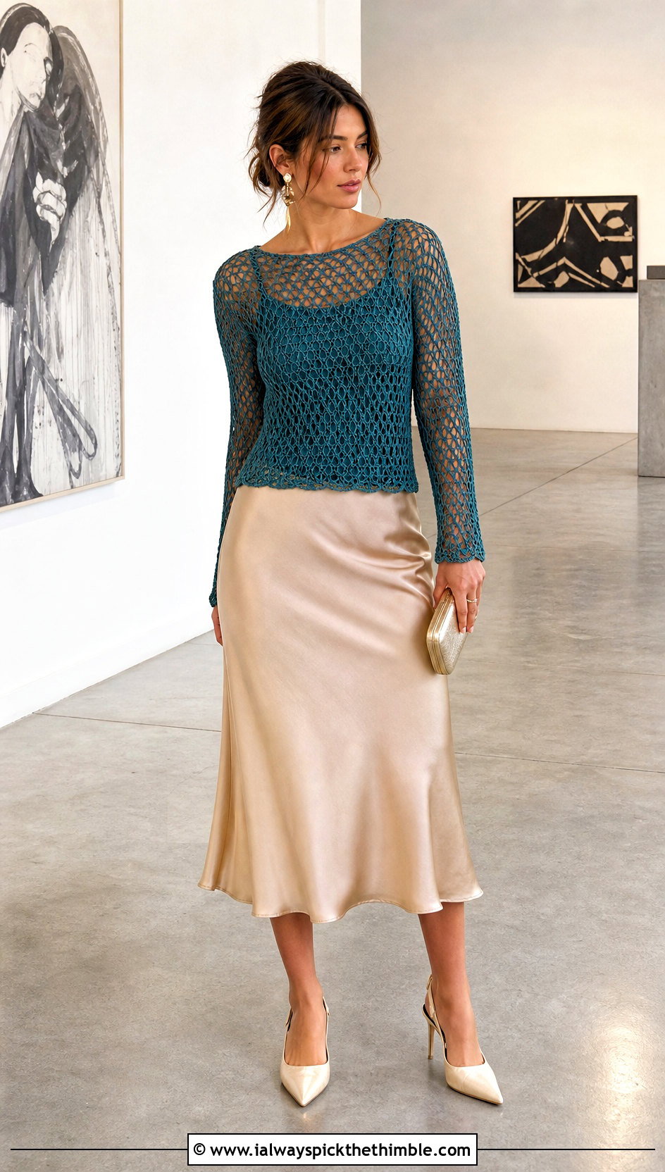Mesh Crochet Long Sleeve Top With Satin Midi Skirt - 25 crochet top outfits ideas