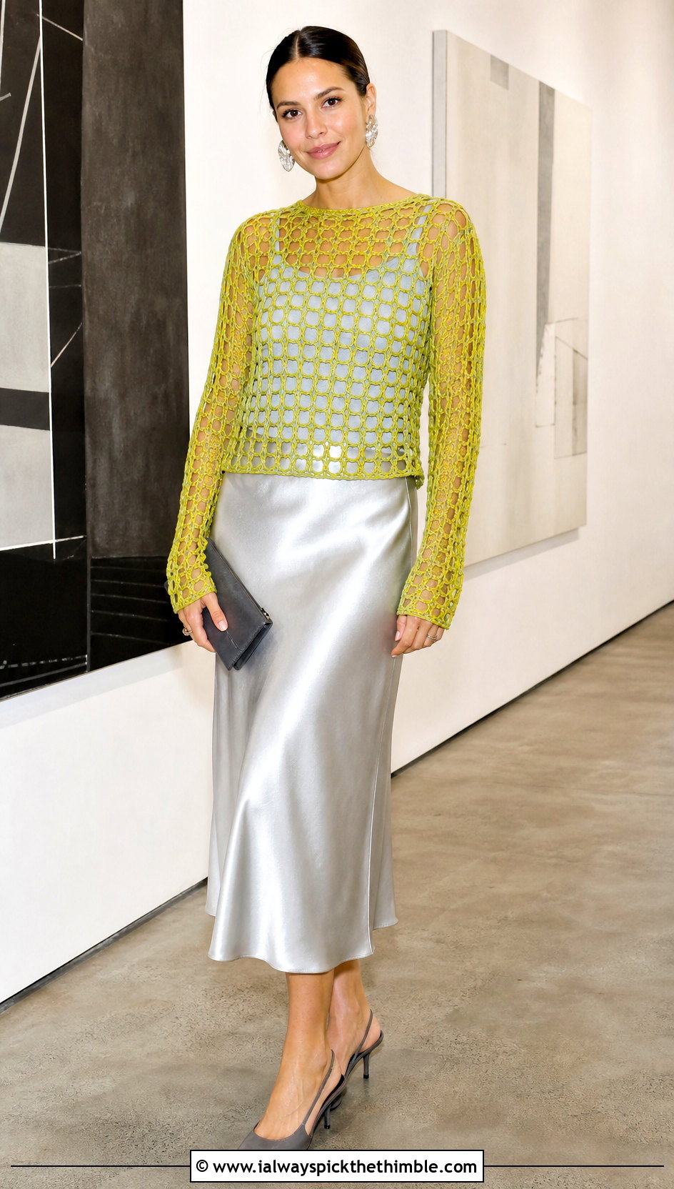 Mesh Crochet Long Sleeve Top With Satin Midi Skirt - 25 crochet womens tops outfit ideas