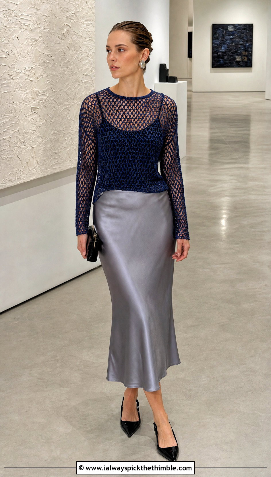 Mesh Crochet Long Sleeve Top With Satin Midi Skirt - 15 Crochet Lady Tops outfit ideas