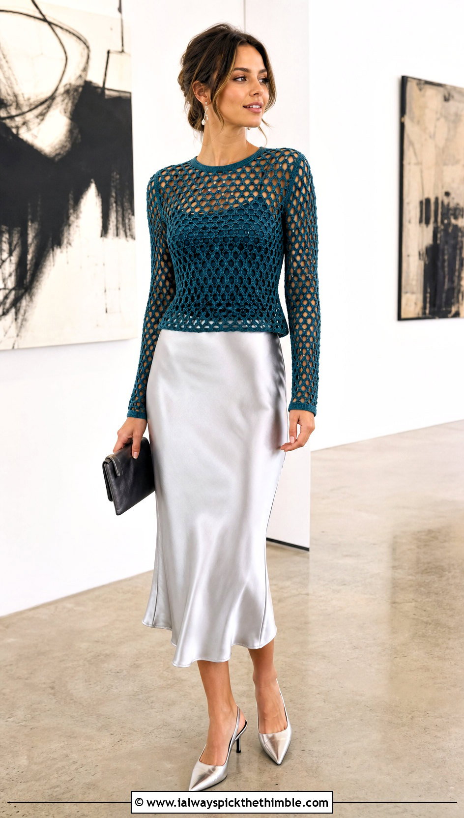 Mesh Crochet Long Sleeve Top With Satin Skirt - 25 crochet top ideas