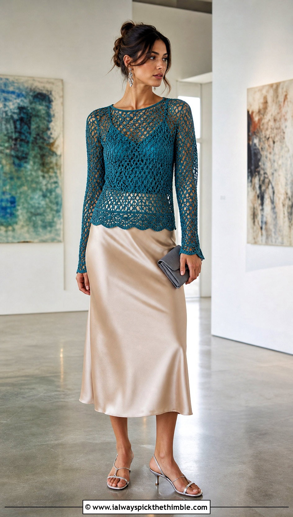 Mesh Crochet Long Sleeve Top With Satin Skirt - 25 easy crochet tops outfit ideas