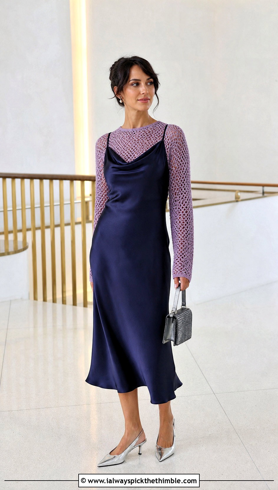 Mesh Crochet Long Sleeve Top With Satin Slip Dress - 15 crochet top with intricate outfit ideas