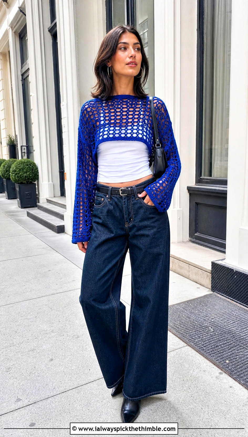 Mesh Crochet Long Sleeve Top With Wide Leg Jeans - 25 crochet long sleeve tops outfit ideas