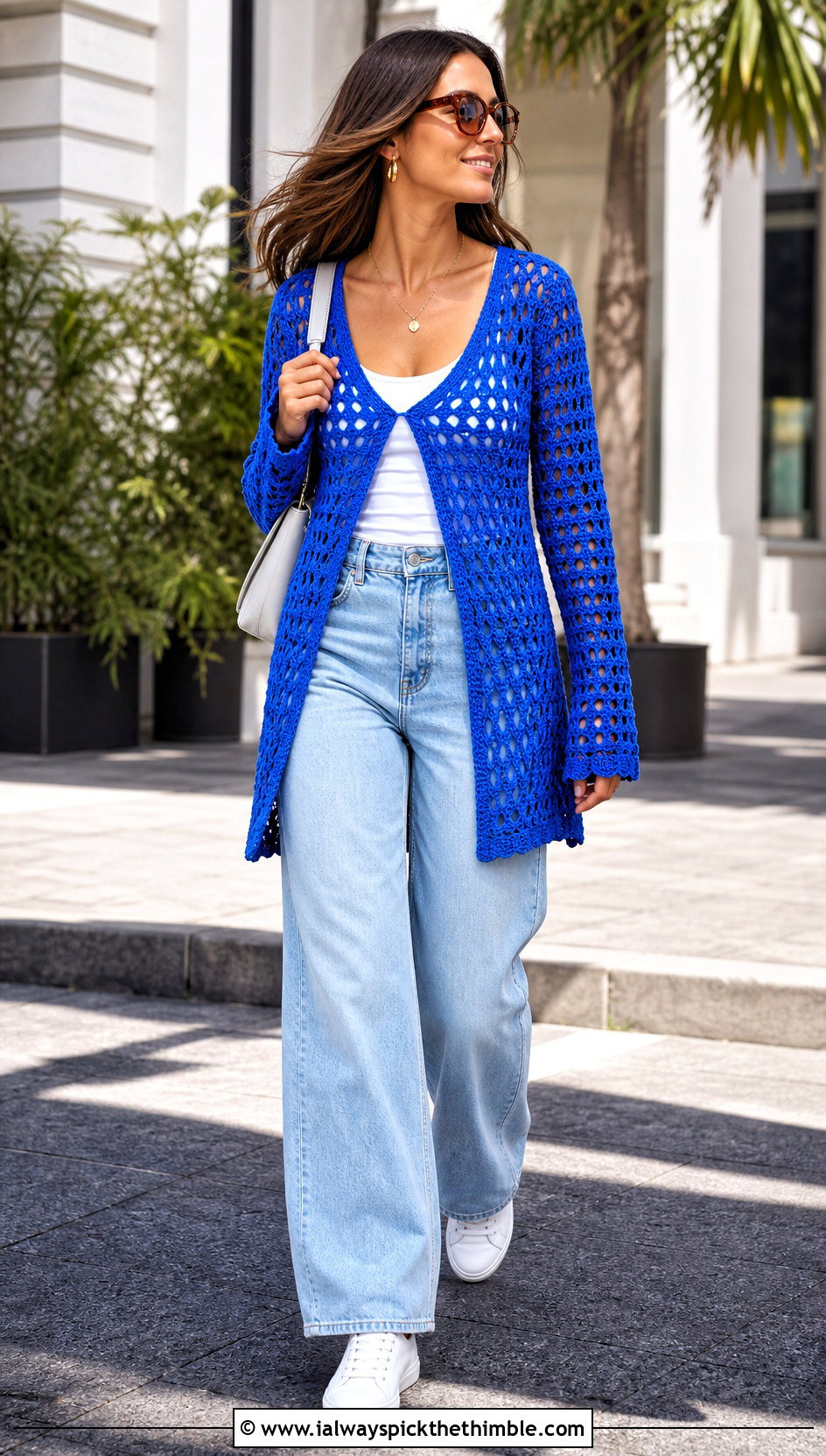 Mesh Crochet Long Sleeve Tunic With Wide Leg Jeans - 15 Crochet Long Sleeve Tunic outfit ideas