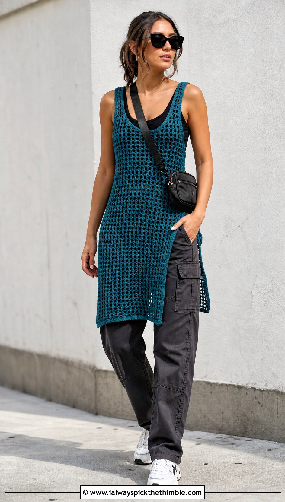 Mesh Crochet Long Tank Top With Cargo Pants - 20 Crochet Long Tank Top outfit ideas