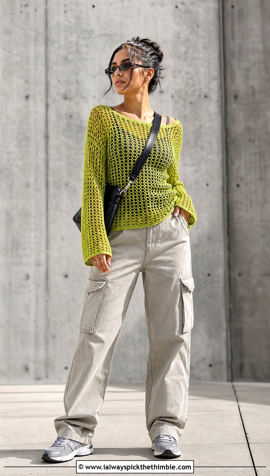 Mesh Crochet Loose Sweater With Cargo Pants - 25 crochet loose sweater outfit ideas