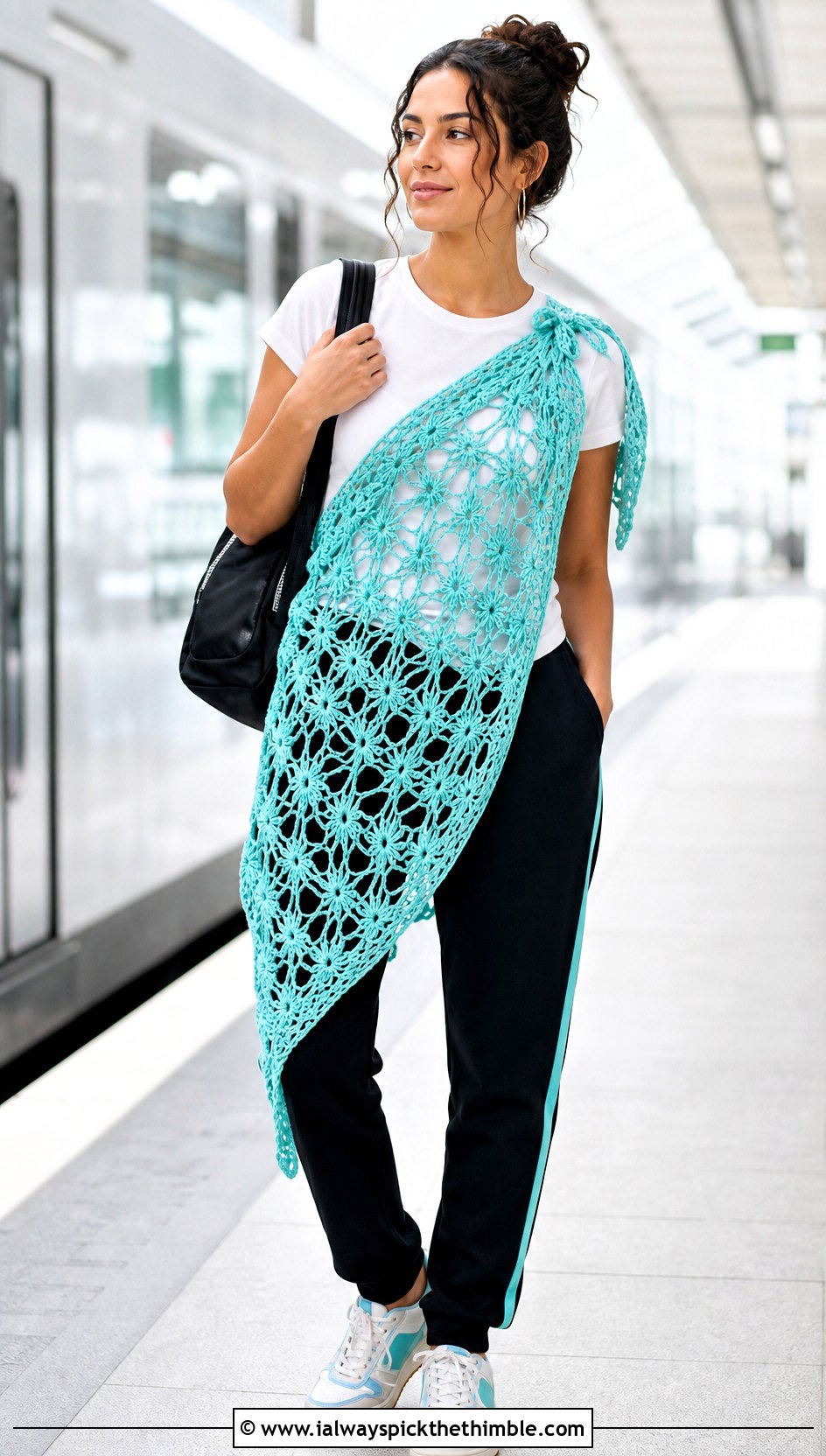 Mesh Crochet Mantle Scarf With Track Pants - 20 Crochet Mantle Scarf outfit ideas