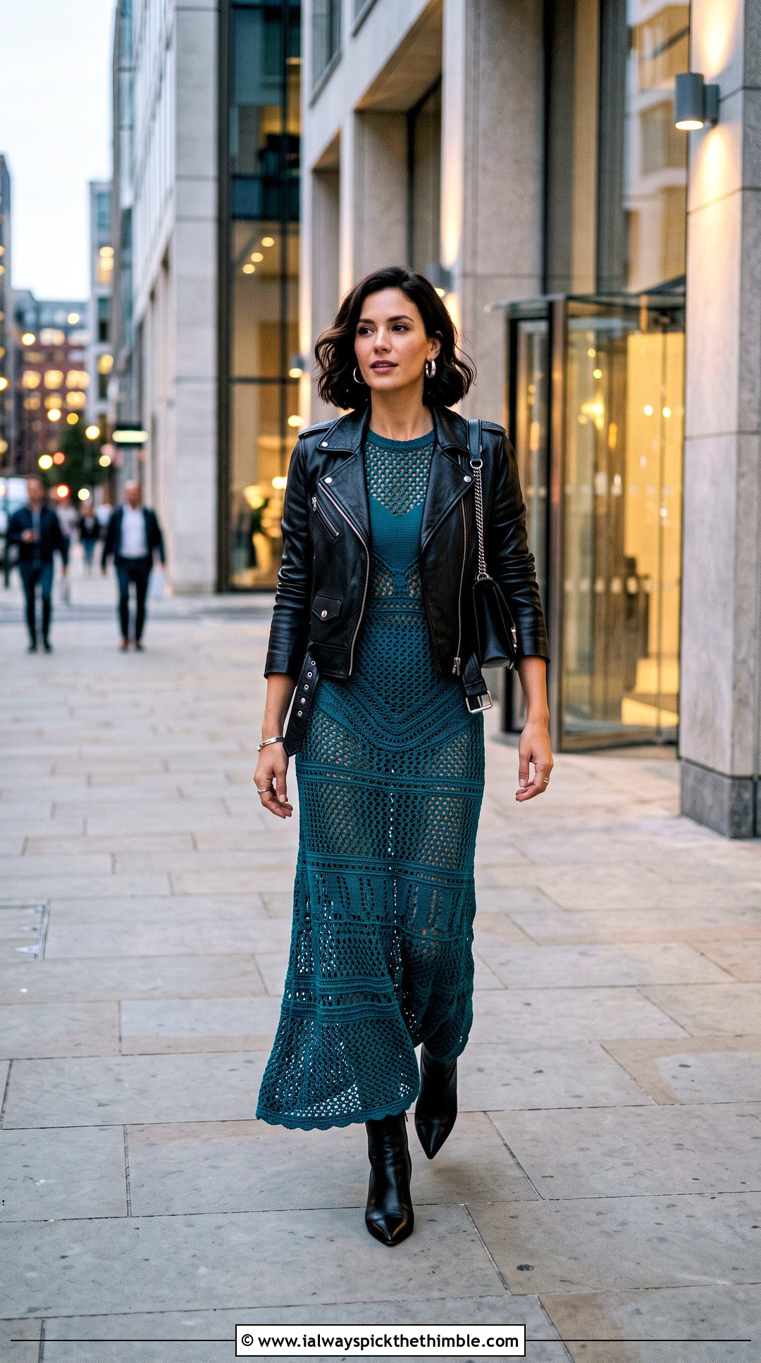 Mesh Crochet Maxi Dress With Leather Jacket - 20 Crochet Thread Dress outfit ideas