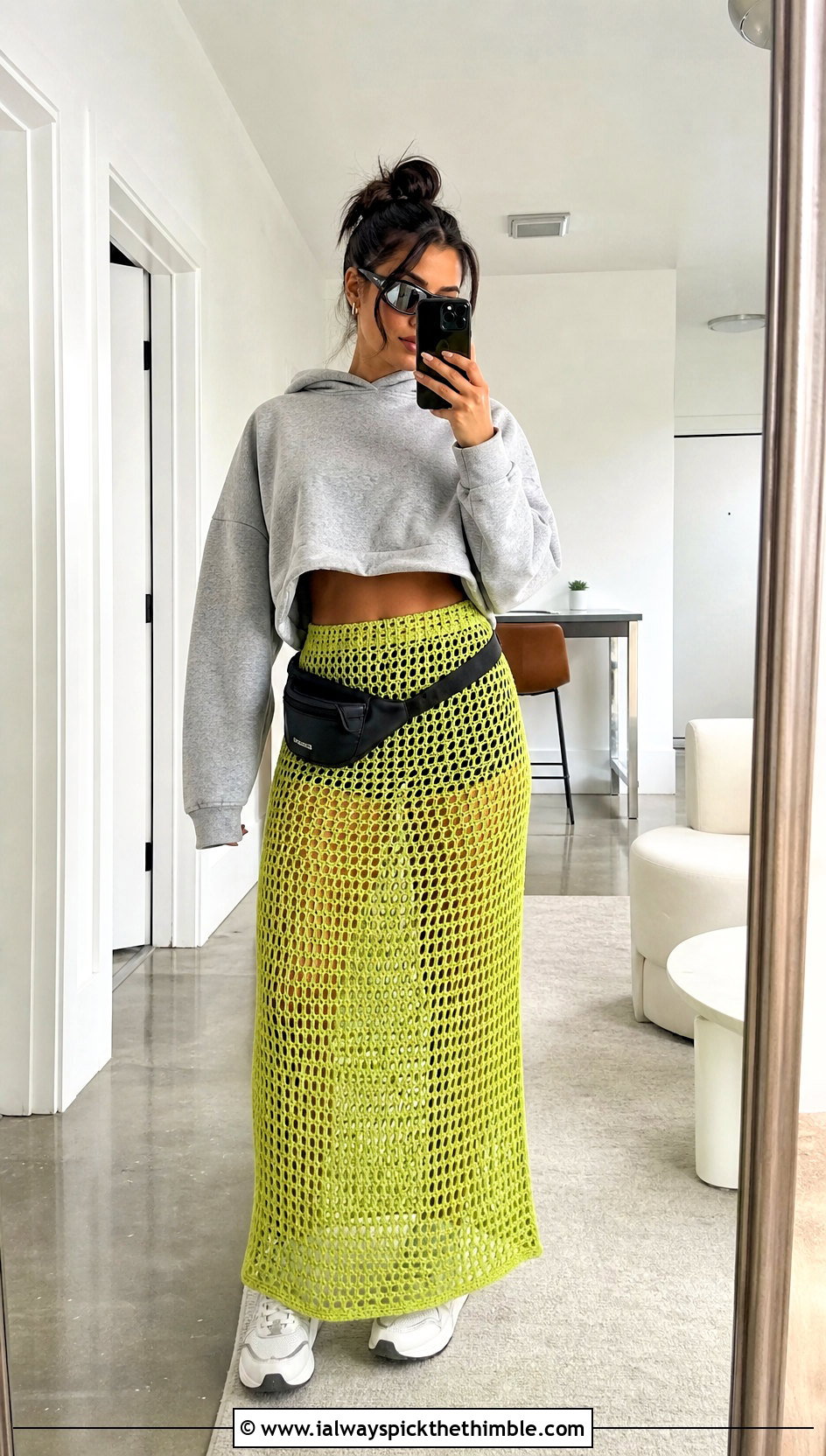 Mesh Crochet Maxi Skirt With Oversized Hoodie - 20 crocheted maxi skirt outfit ideas