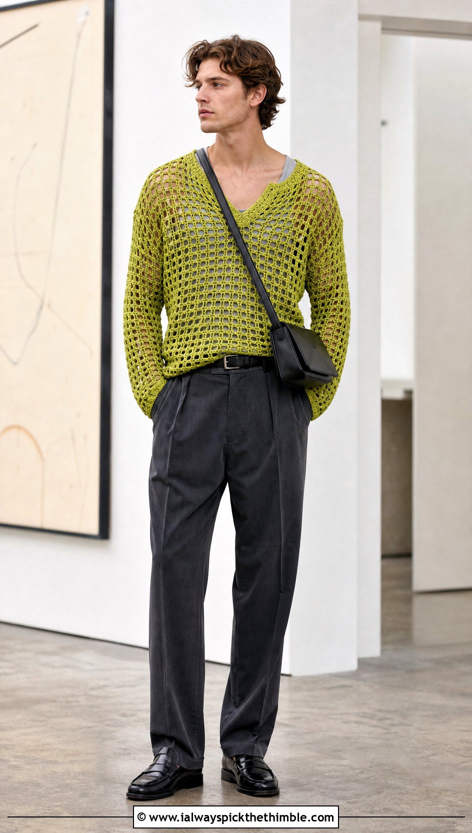 Mesh Crochet Mens Pullover With Tailored Trousers - 15 crochet mens pullover outfit ideas