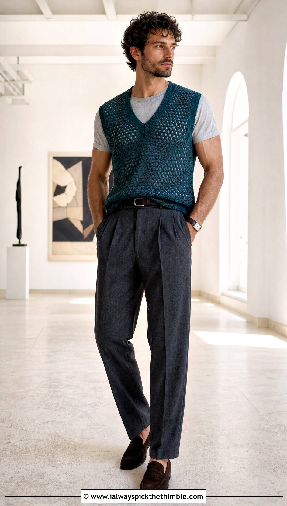 Mesh Crochet Mens Sweater Vest With Pleated Trousers - 20 Mens Crochet Sweater Vest outfit ideas