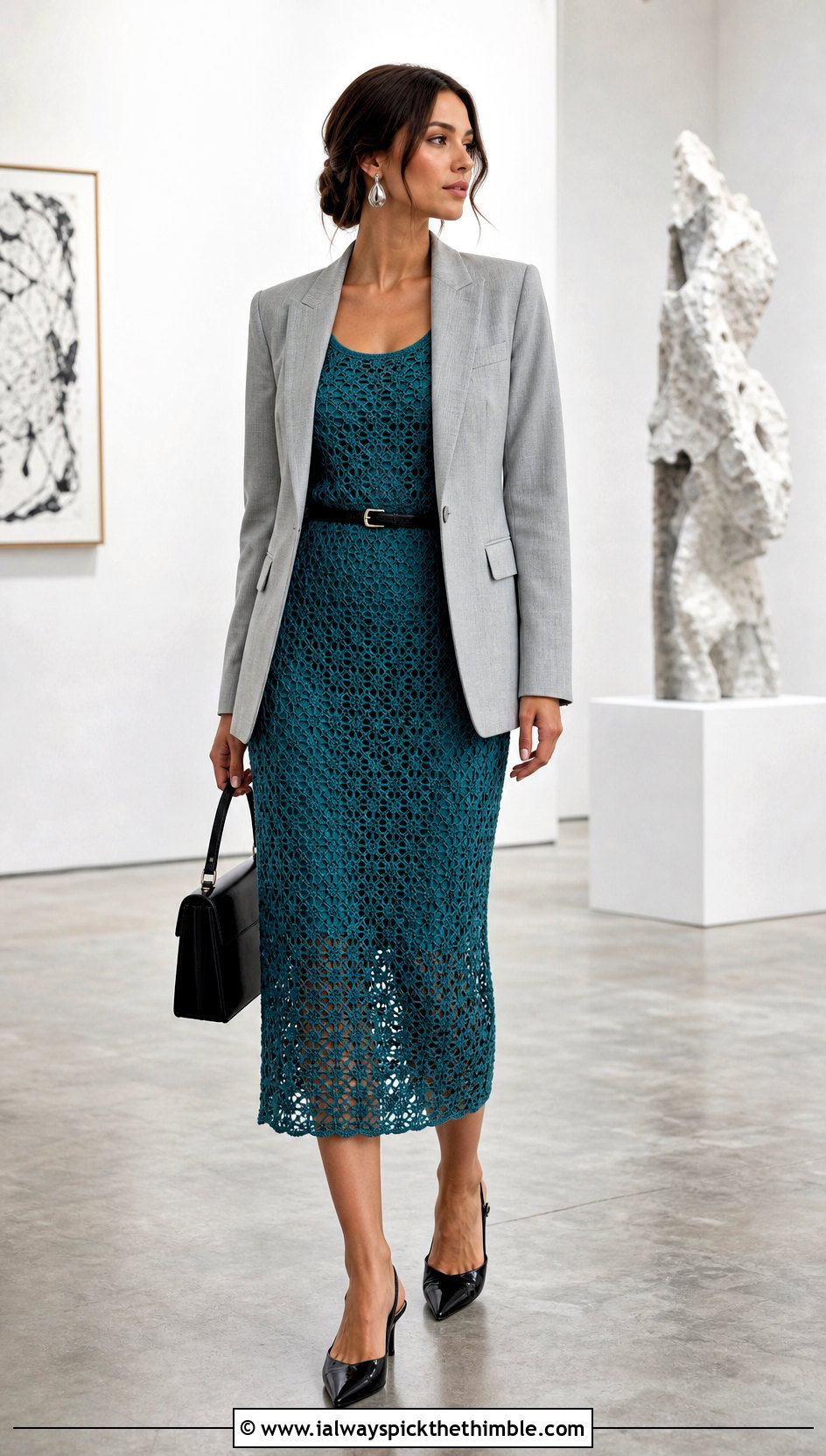 Mesh Crochet Midi Dress With Tailored Blazer - 25 simple crochet dress women outfit ideas