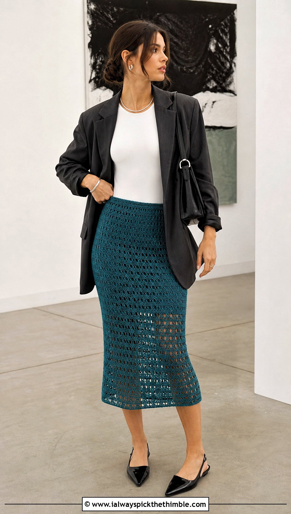 Mesh Crochet Midi Skirt With Oversized Blazer - 20 Boho Crochet Skirt outfit ideas