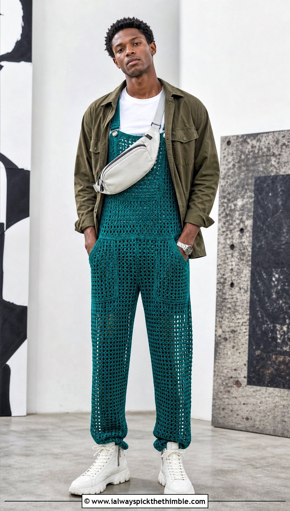 Mesh Crochet Overalls With Utility Overshirt - 15 crochet overalls men outfit ideas