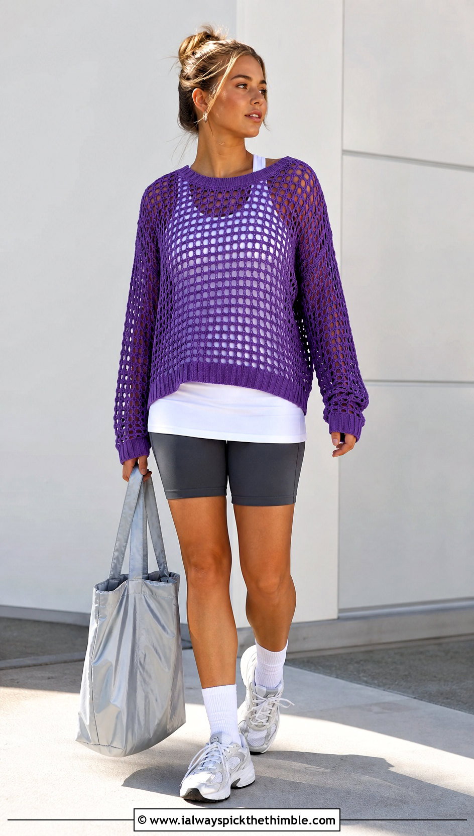 Mesh Crochet Oversize Sweater With Biker Shorts - 20 Crochet Oversize Sweater outfit ideas
