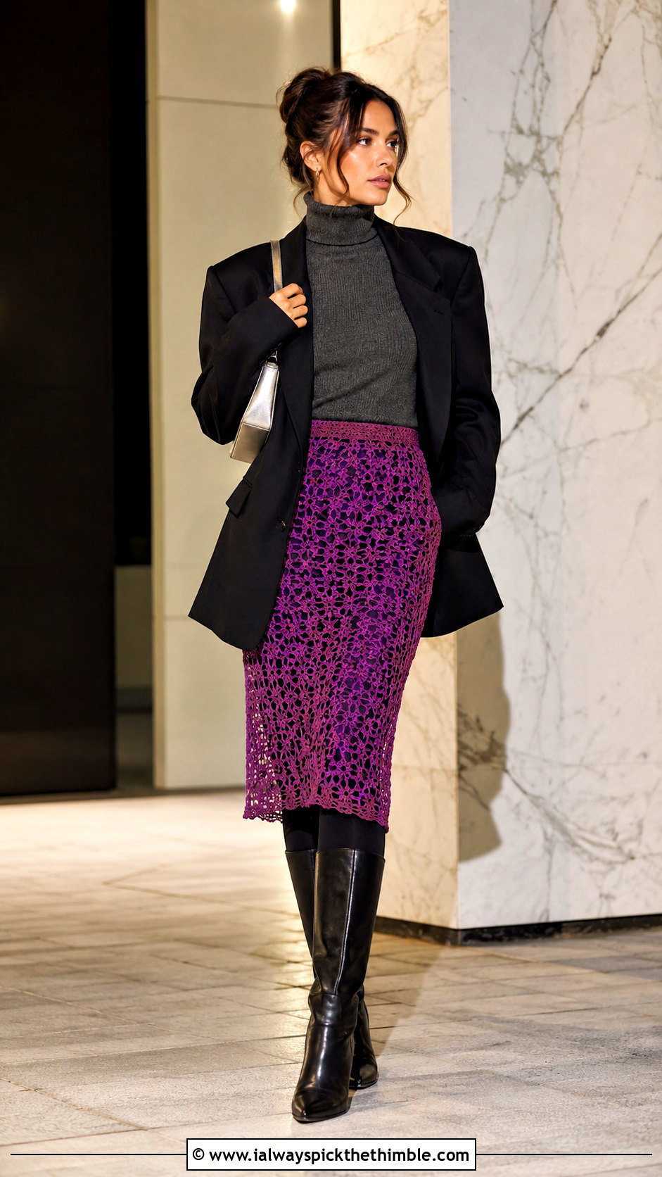 Mesh Crochet Pencil Skirt With Oversized Blazer - 25 crochet winter skirt outfit ideas