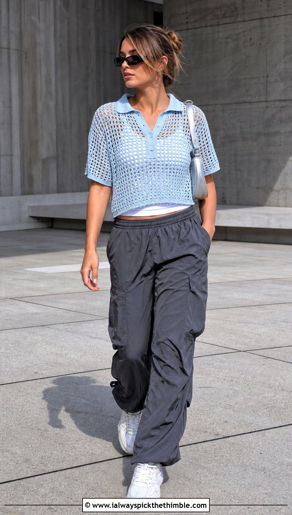 Mesh Crochet Polo Shirt With Parachute Pants - 25 crochet polo shirt outfit ideas
