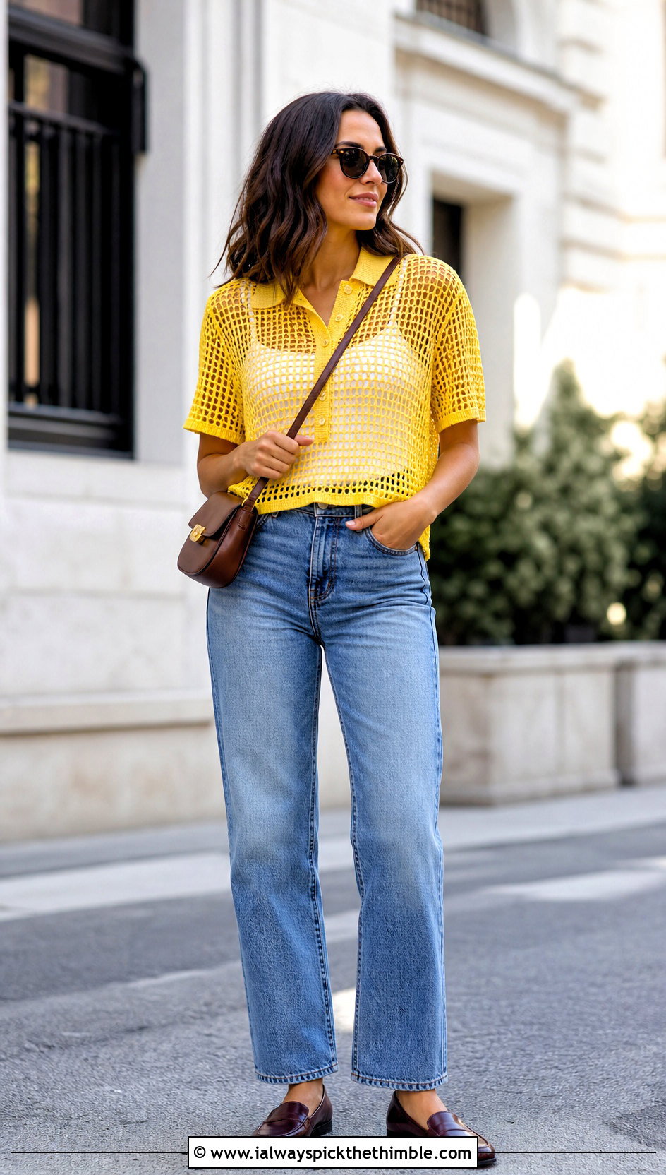 Mesh Crochet Polo Top With Straight Leg Jeans - 20 unique crochet clothing and outfit ideas
