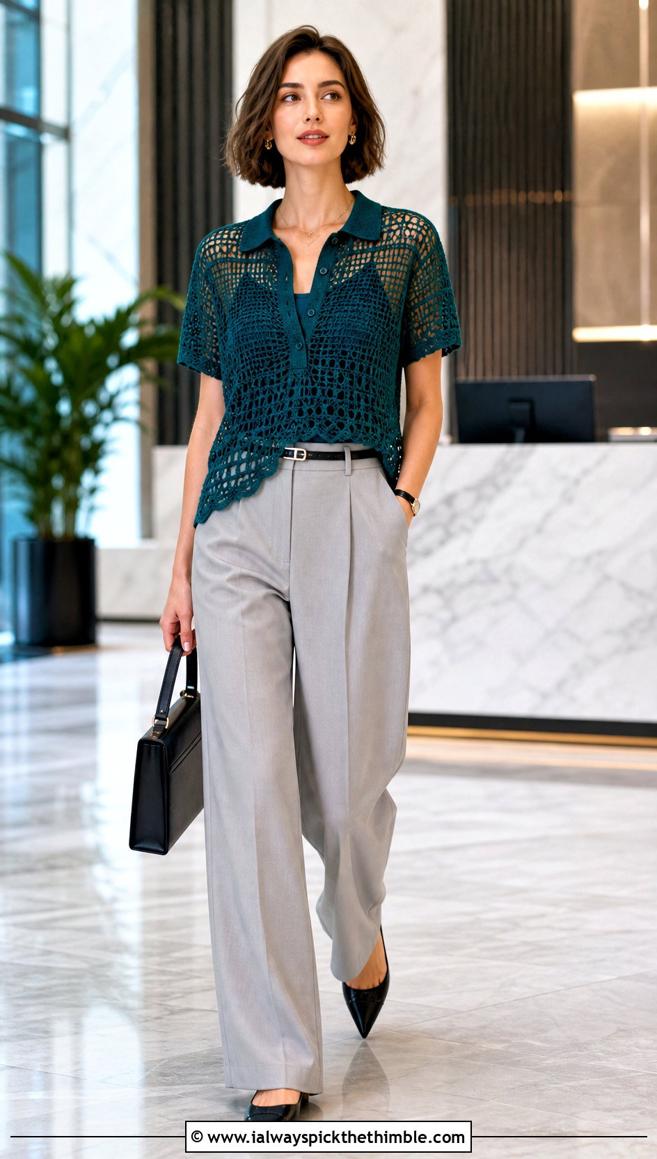 Mesh Crochet Polo With Tailored Trousers - 25 crochet clothes and accessories outfit ideas