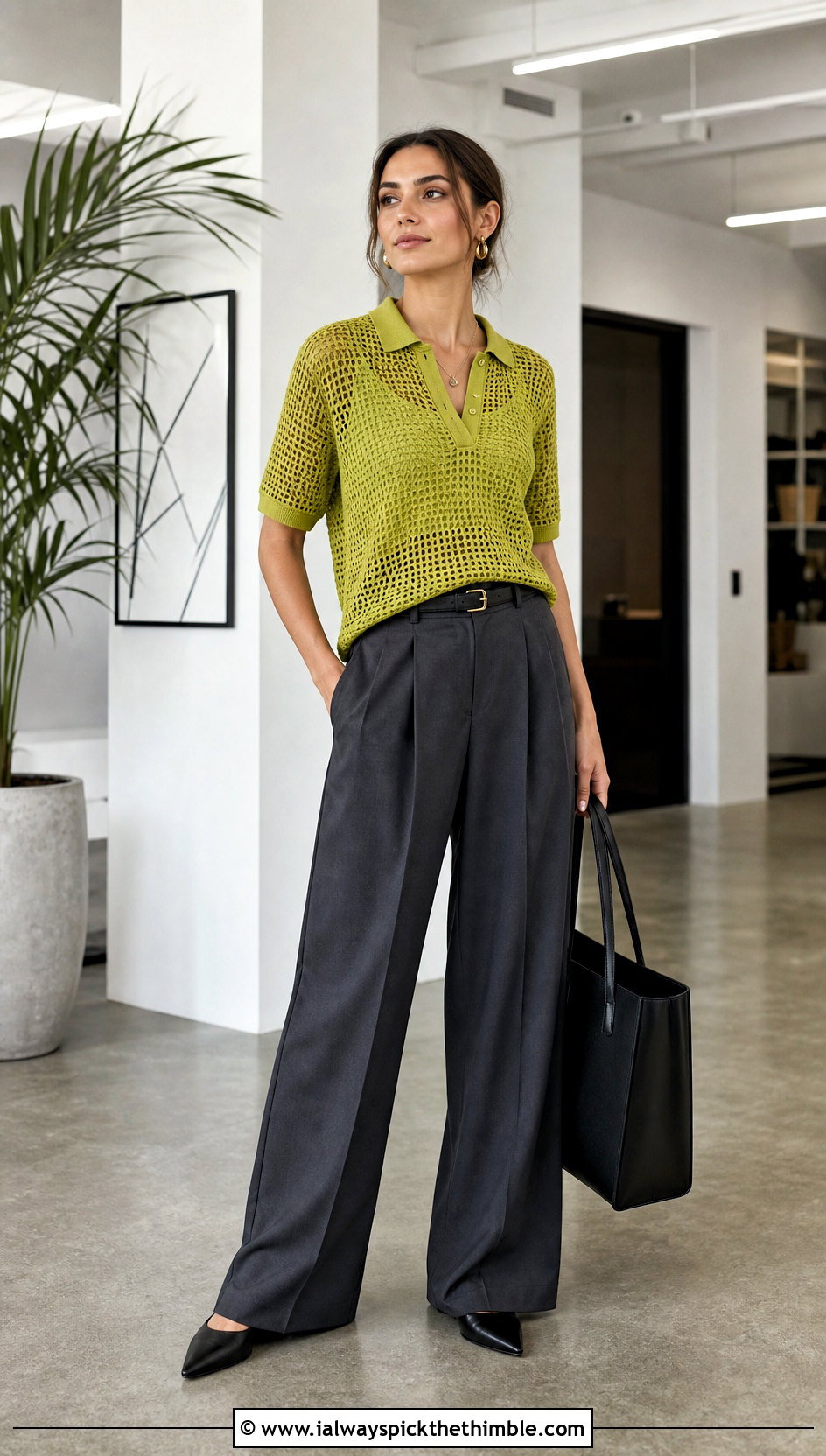 Mesh Crochet Polo With Tailored Trousers - 20 Cute Things To Crochet Clothes and outfit ideas