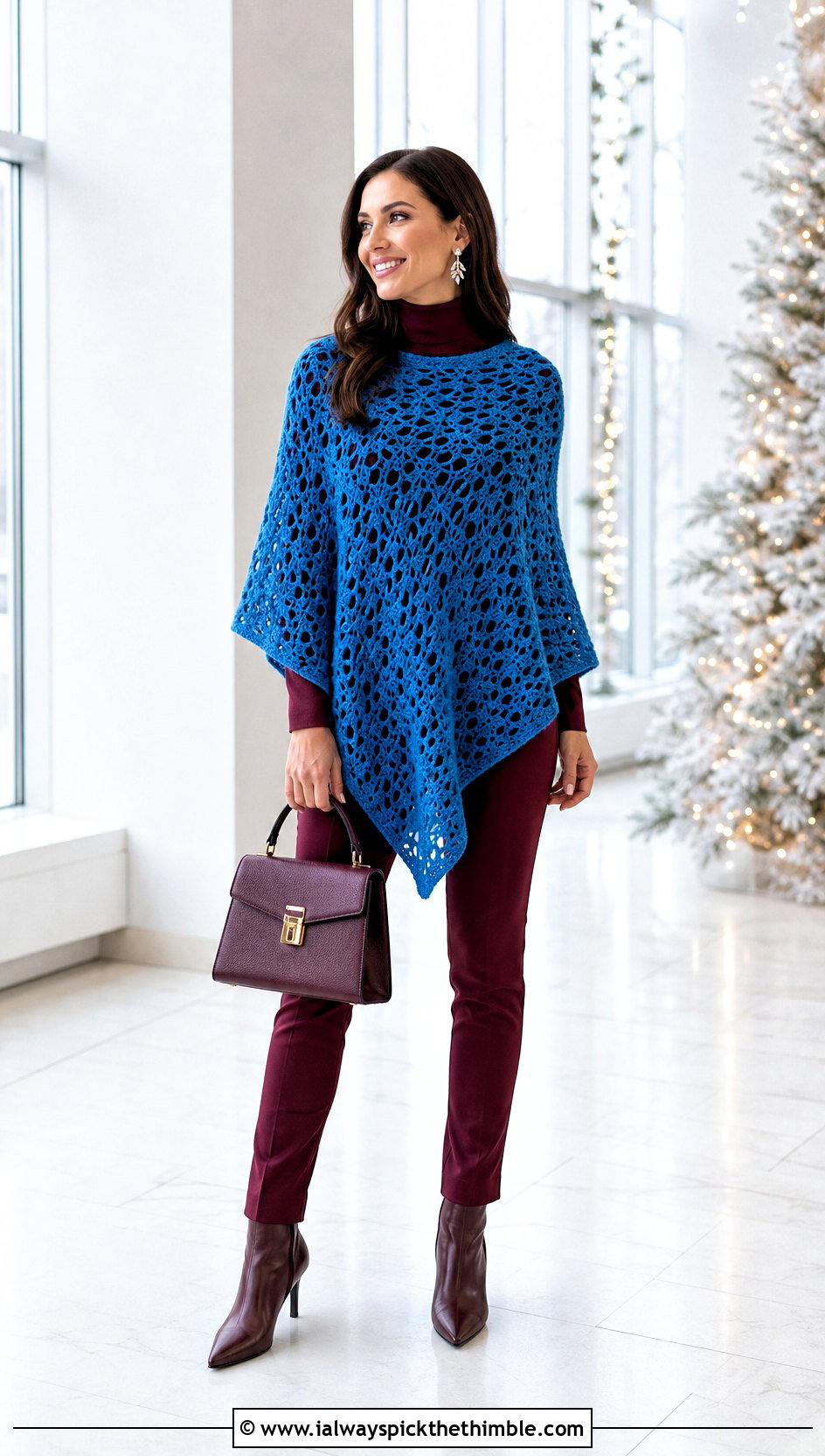 Mesh Crochet Poncho With Monochrome Base Layers - 15 Winter Crochet Poncho outfit ideas