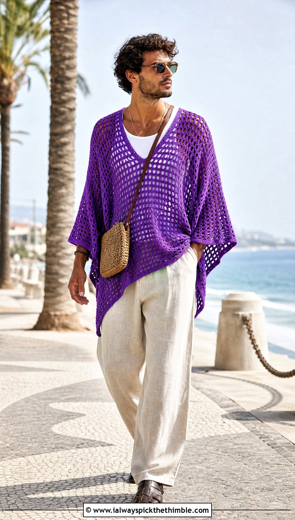 Mesh Crochet Poncho With Tank Top And Linen Pants - 20 mens crochet poncho outfit ideas