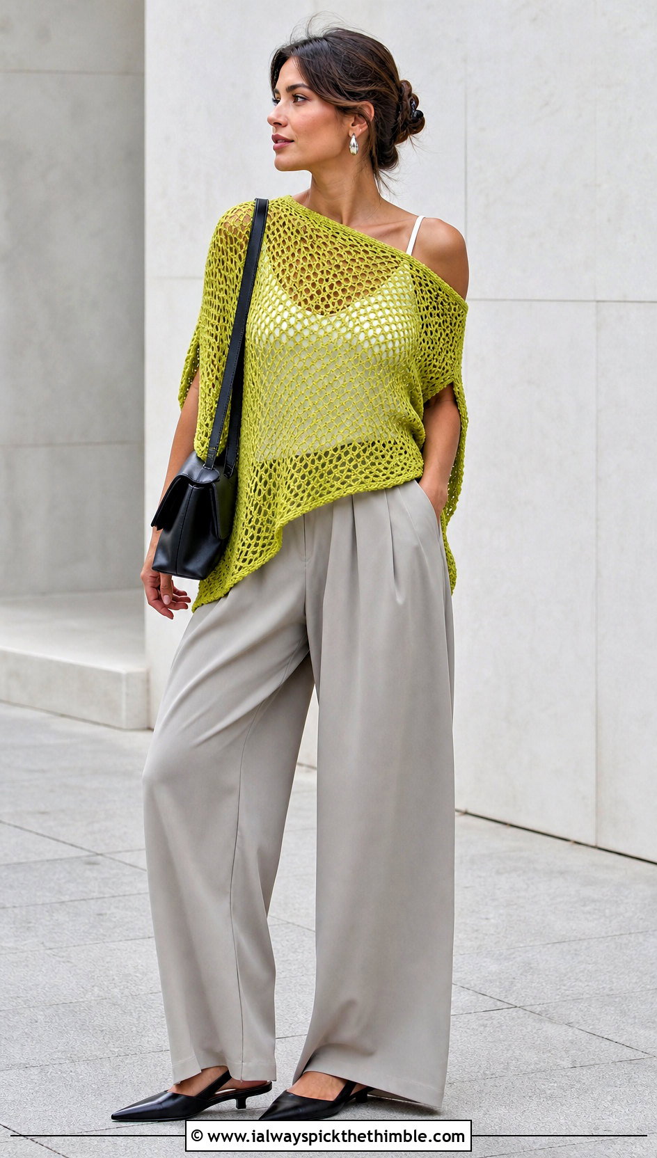 Mesh Crochet Poncho With Wide Leg Trousers - 20 Easy Crochet Poncho For Beginners outfit ideas