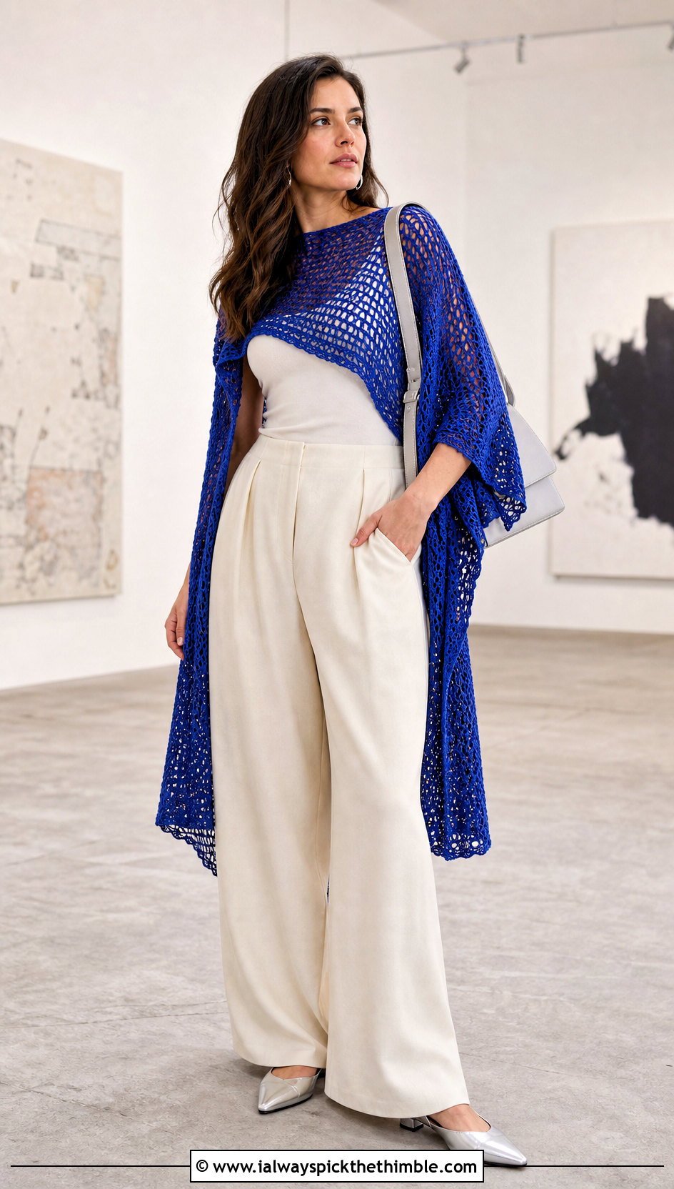 Mesh Crochet Poncho With Wide Leg Trousers - 20 Easy Simple Crochet Poncho outfit ideas