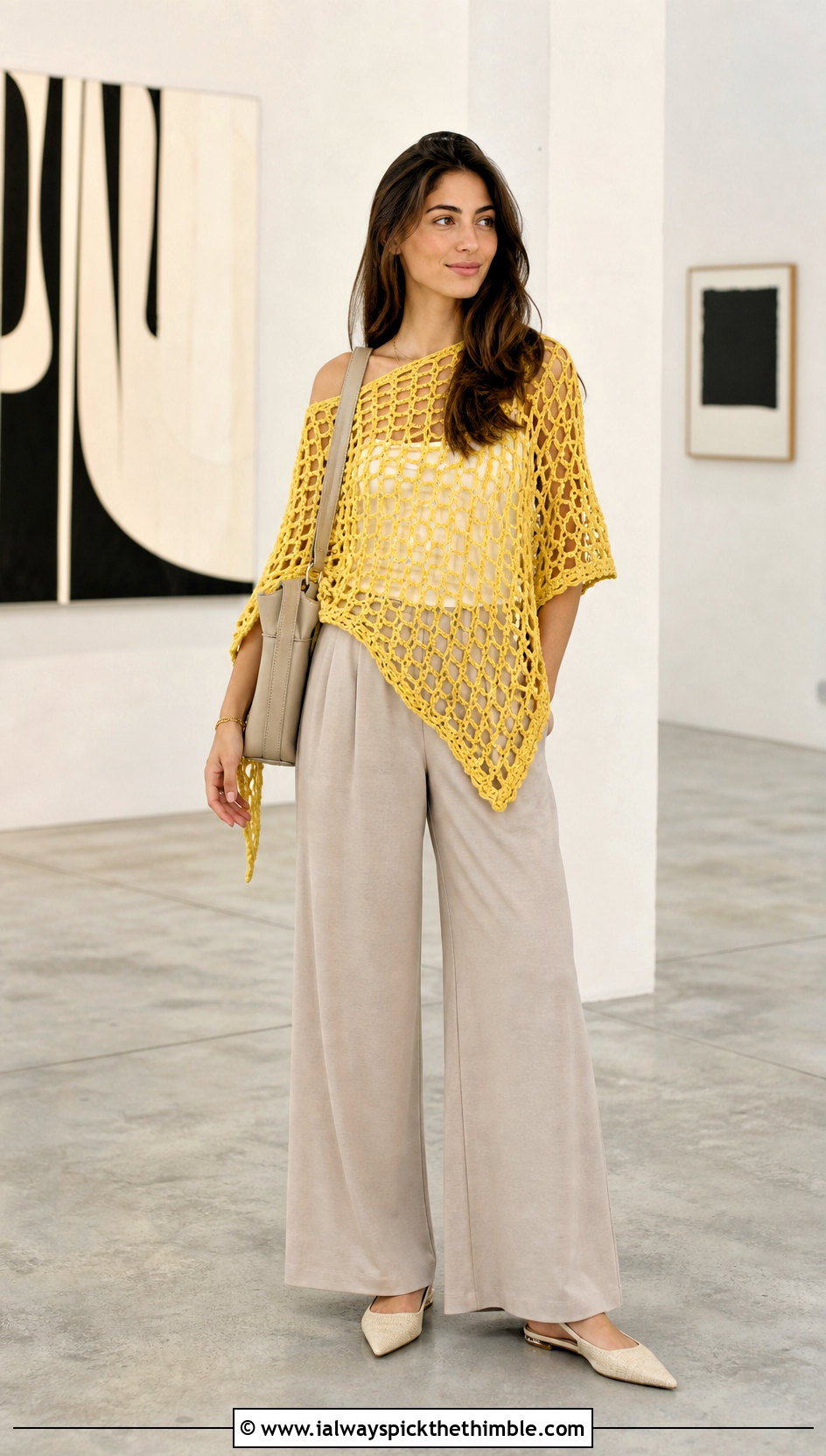 Mesh Crochet Poncho With Wide Leg Trousers - 25 easy crochet poncho outfit ideas